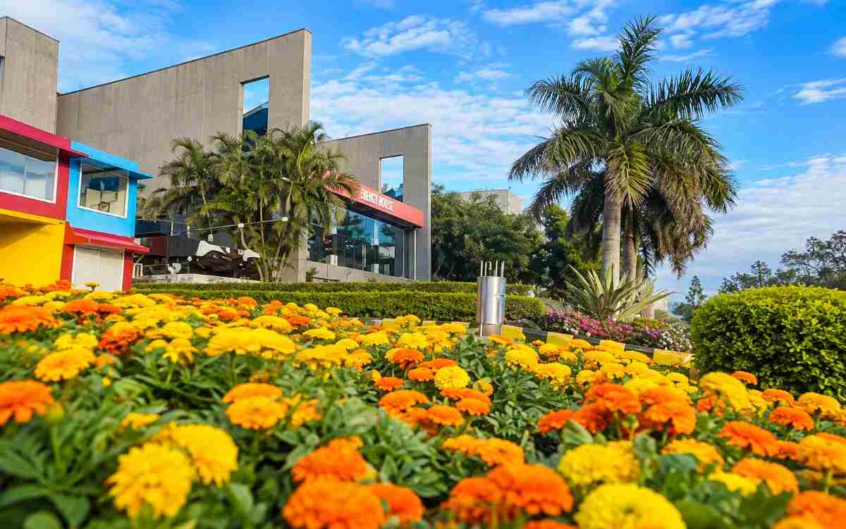UPES campus surrounded by colourful flowers
